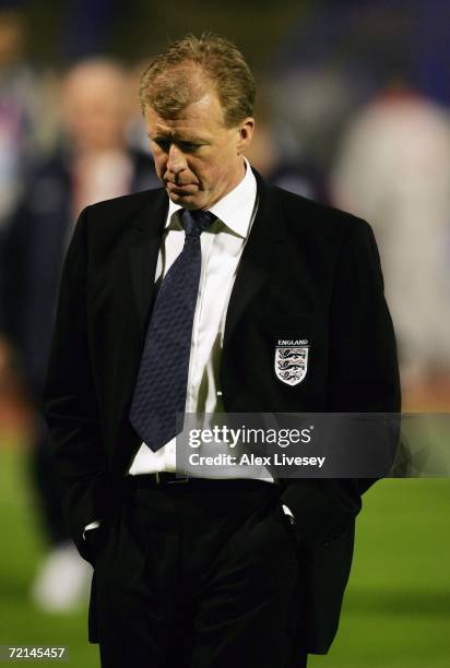 Steve McClaren the manager of England looks dejected after defeat to Croatia in the Euro2008 Qualifier match between Croatia and England at the...