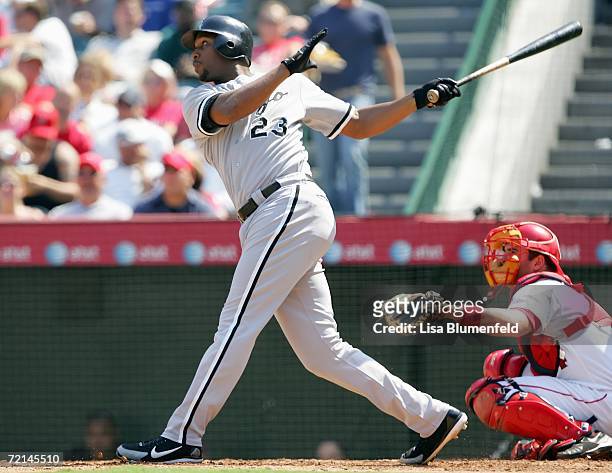 Jermaine Dye of the Chicago White Sox swings at the pitch during the game against the Los Angeles Angels of Anaheim on September 13, 2006 at Angel...
