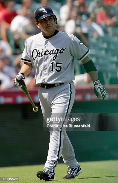 Tadahito Iguchi of the Chicago White Sox walks off the field during the game against the Los Angeles Angels of Anaheim on September 13, 2006 at Angel...