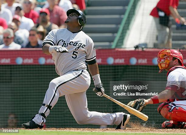 Juan Uribe of the Chicago White Sox follows his hit during the game against the Los Angeles Angels of Anaheim on September 13, 2006 at Angel Stadium...