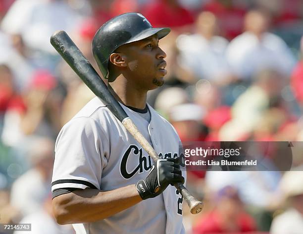 Jermaine Dye of the Chicago White Sox looks on during the game against the Los Angeles Angels of Anaheim on September 13, 2006 at Angel Stadium in...