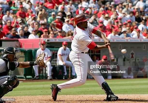 Vladimir Guerrero of the Los Angeles Angels of Anaheim swings at the pitch during the game against the Chicago White Sox on September 13, 2006 at...