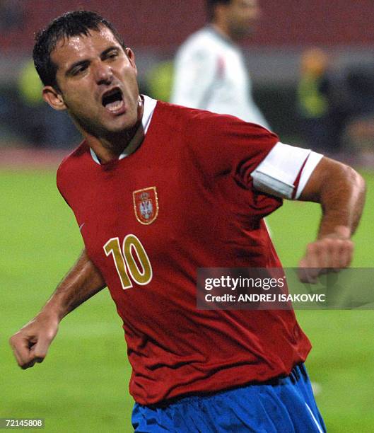 Serbia's Dejan Stankovic celebrates after scoring from the penalty spot against Armenia during their EURO 2008 Group A qualifying football match in...
