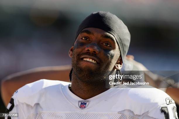 Wide receiver Randy Moss of the Oakland Raiders looks on against the San Francisco 49ers at Monster Park on October 8, 2006 in San Francisco,...