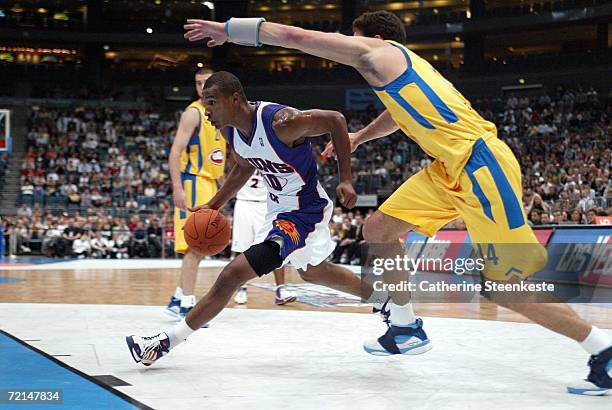 Leandro Barbosa of the Phoenix Suns tries to go to the basket against Yaniv Green of Maccabi Elite Tel Aviv during the preseason game as part of the...