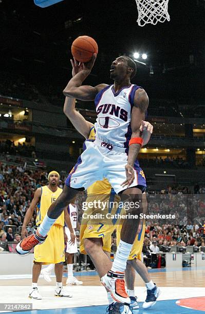 Amare Stoudamire of the Phoenix Suns shoots against the Maccabi Elite Tel Aviv during the preseason game as part of the NBA Europe Live Tour on...