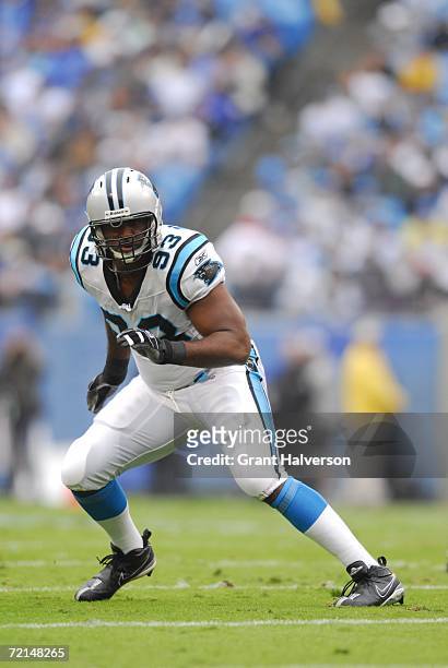 Defensive end Mike Rucker of the Carolina Panthers runs on the field during the game against the Cleveland Browns on October 8 at Bank of America...