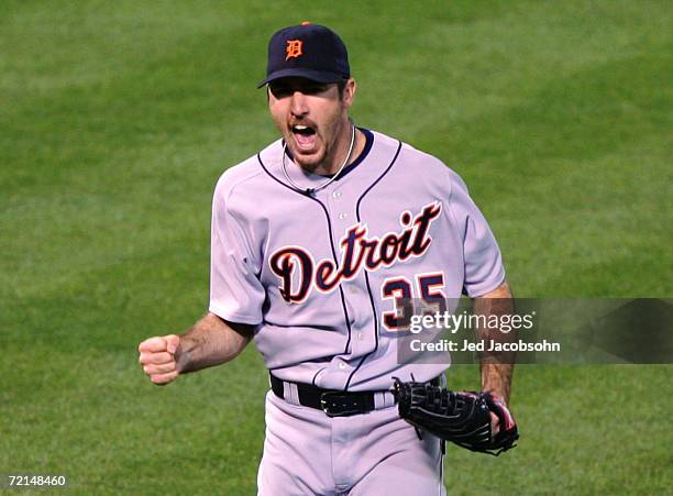 Starting Pitcher Justin Verlander of the Detroit Tigers celebrates after Frank Thomas of the Oakland Athletics grounds out during the sixth inning of...