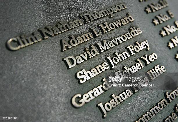 The names of the Coogee Dolphin rugby players who died in the bombings are seen on a memorial plaque during a memorial service on the fourth...