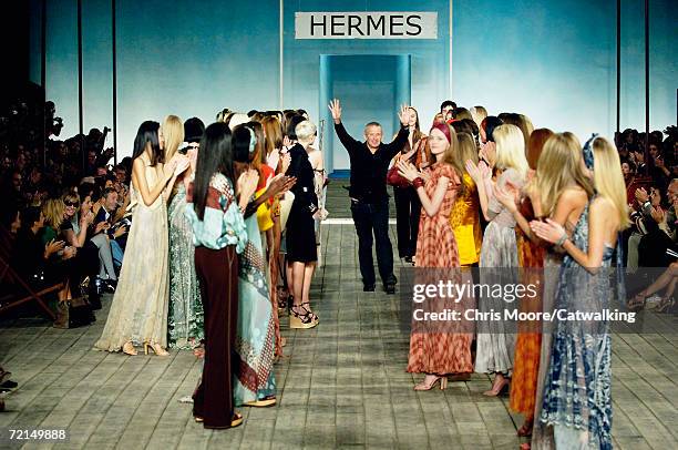 Designer Jean-Paul Gaultier walks down the catwalk during the Hermes Fashion Show as part of Paris Fashion Week Spring/Summer 2007 on October 7, 2006...
