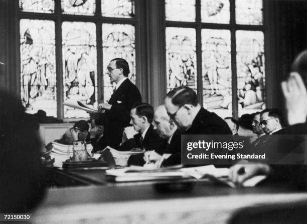 British Labour Party politician Sir Stafford Cripps addressing the Gresford Colliery disaster inquiry at Caxton Hall, London, April 1936.