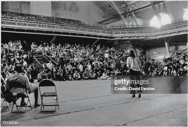 American lawyer and political activist Bernardine Dohrn, later a leader of the Weather Underground , addresses the crowd at a meeting of the Students...