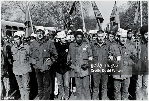 Group of American Army soldiers from the group 'GIS for Peace' stand arm-in-arm during a protest demonstration against the Vietnam War, Washington,...