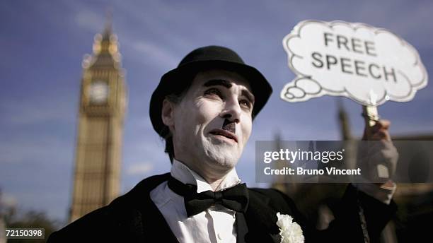 Neil Goodwin campaigns for free speech while dressed as Charlie Chaplin outside the Houses of Parliament on October 12, 2006 in London, England.