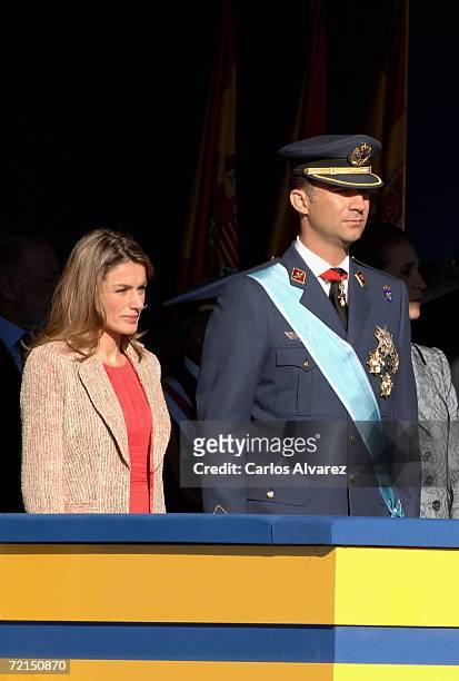 Princess Letizia and Crown Prince Felipe of Spain attend Spain's National Day Military Parade in Castellana Avenue on October 12, 2006 in Madrid,...