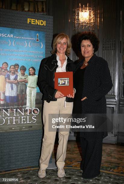 Carla Fendi and Livia Azzariti pose for a photograph at the after party for Born into Brothels at Palazzo Fendi on October 11, 2006 in Italy, Rome.