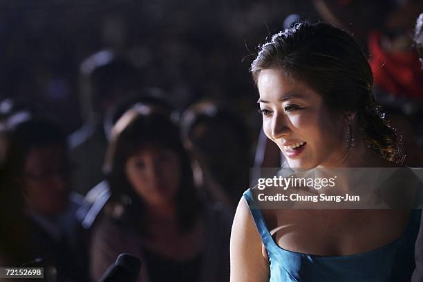 Actress Choi Jung-Won arrives at the opening ceremony of the Pusan International Film Festival on October 12, 2006 in Pusan, South Korea. The...