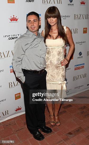 Designer Gustavo Cadile and actress Araceli Gonzalez pose at the Carnival Center for the Performing Arts during Funkshion Fashion Week Miami Beach on...