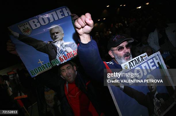 Supporters of Volen Siderov, leader of the Bulgarian ultranationalist party Ataka and presidential candidate, shout slogans during a meeting, part of...