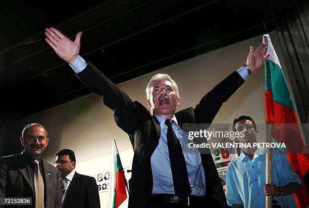 Volen Siderov, presidential candidate of the Bulgarian ultranationalist party Ataka and presidential candidate, shout slogans during a meeting, part...