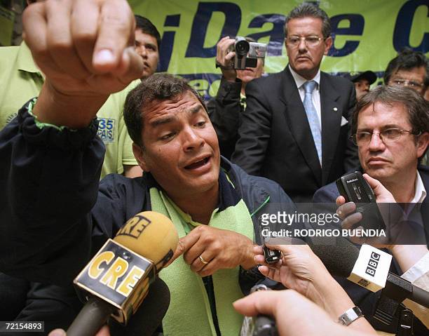 Presidential candidate Rafael Correa, of the Country Alliance party, offers a press conference to the international press at his campaign...