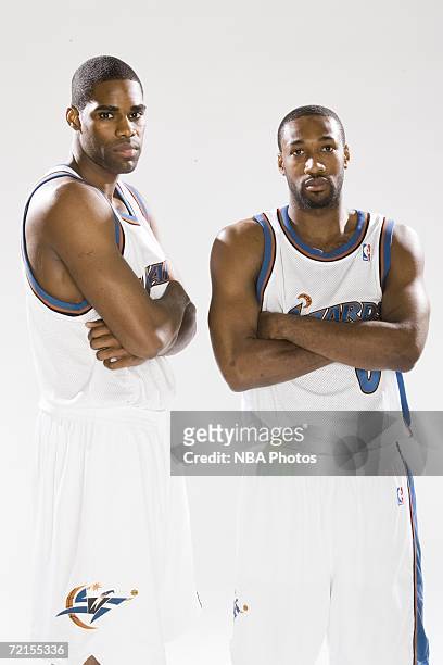 Antawn Jamison and Gilbert Arenas of the Washington Wizards pose for a portrait during NBA Media Day at the Verizon Center October 2, 2006 in...