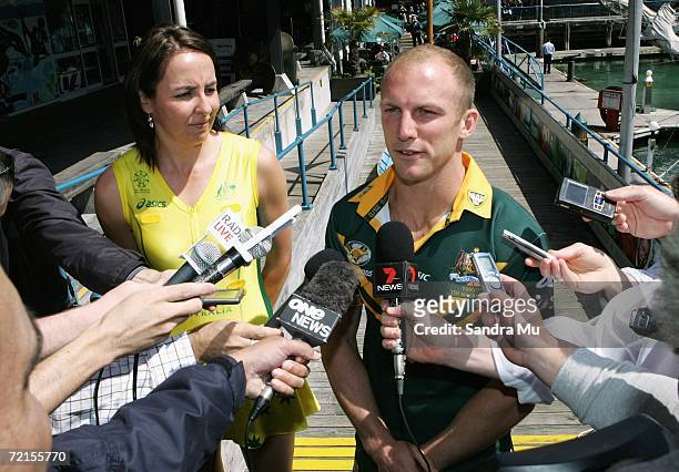 Liz Ellis, Australian netball captain and Darren Lockyer, Australian rugby league captain team talk to the press during a media oportunity at the...