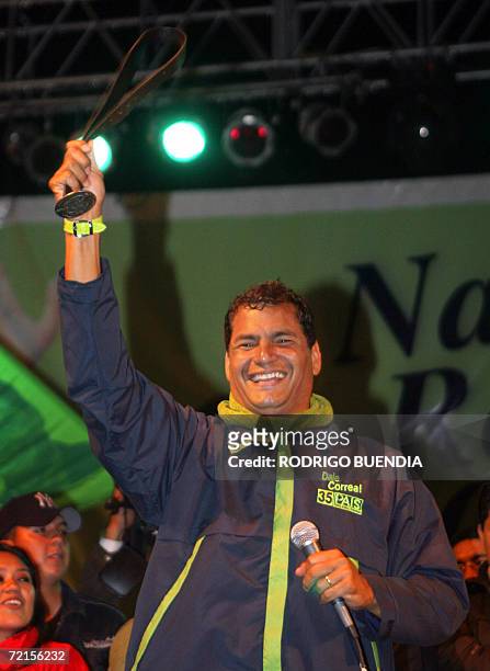 Presidential candidate Rafael Correa, of the Country Alliance party, greets supporters during the final rally of his campaign on October 12th in...