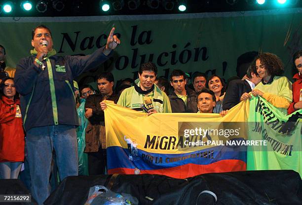 Presidential candidate Rafael Correa , of the Country Alliance party, delivers a speech during the final rally of his campaign on October 12th in...