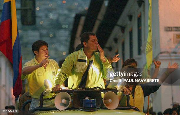 Presidential candidate Rafael Correa , of the Country Alliance party, greets supporters during the final rally of his campaign on October 12th in...