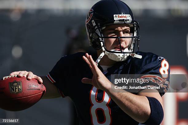 Quarterback Rex Grossman of the Chicago Bears looks to pass during a game against the Buffalo Bills at Soldier Field on October 8, 2006 in Chicago,...