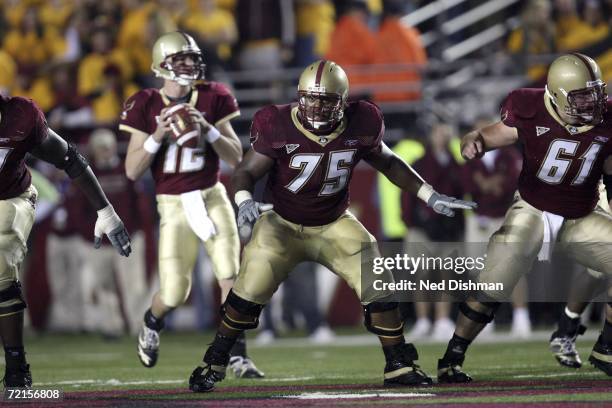 Offensive guard Josh Beekman of the Boston College Eagles looks to make a block against the Virginia Tech Hokies at Alumni Stadium on October 12,...