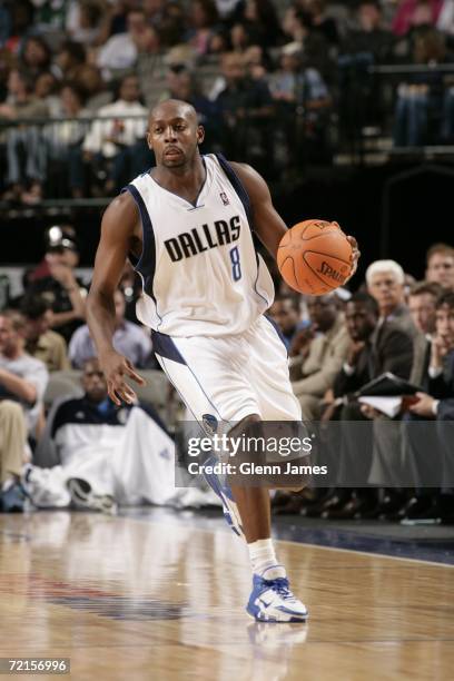 Anthony Johnson of the Dallas Mavericks pushes the ball up the court against the Sacramento Kings on October 12, 2006 at the American Airlines Center...