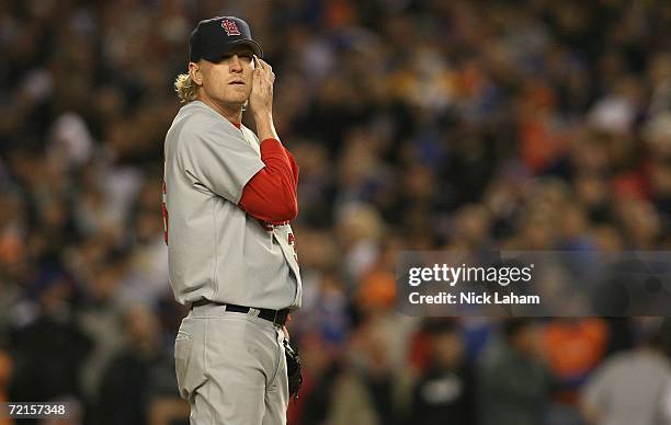 Jeff Weaver of the St. Louis Cardinals stands on the mound against the New York Mets in the bottom of the sixth inning of game one of the NLCS at...