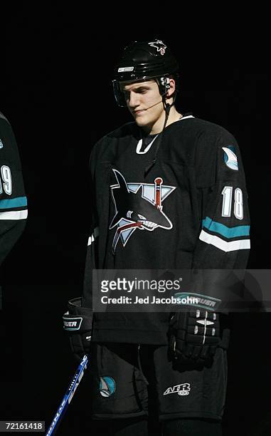 Matt Carle of the San Jose Sharks looks on during player introductions prior to the start of the NHL game against the St. Louis Blues at HP Pavillion...