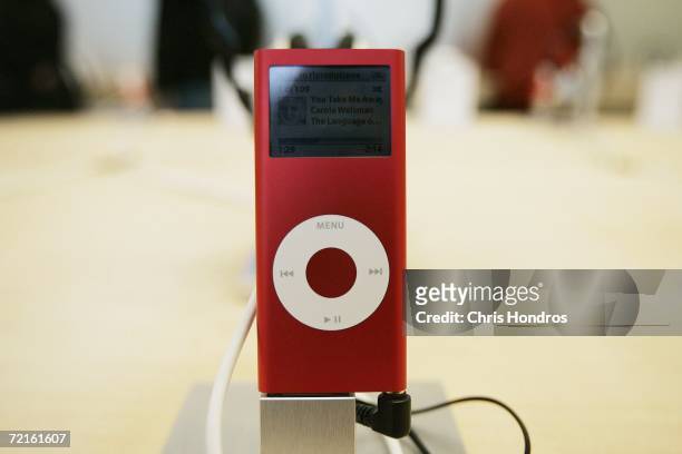 IPod nano sits in the Apple store in midtown Manhattan October 13, 2006 in New York. Apple computer is donating $10 from the sale of their new red...