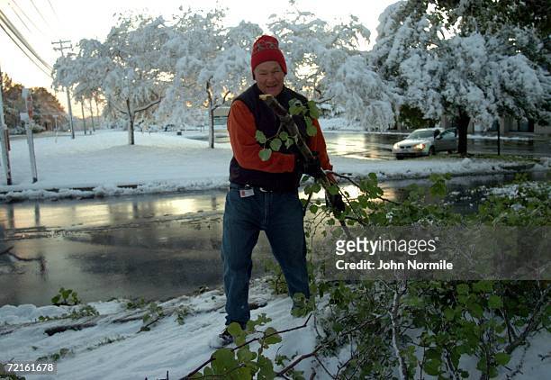 Ray Wiser clears fallen tree branches October 13, 2006 oustide of Buffalo in East Aurora, New York. A rare and record breaking early season snowfall...