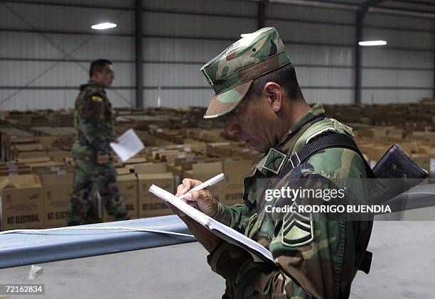 Ecuadorean soldiers guard electoral material for Sunday's election, 13 October 2006, in Quito. Leftist US critic Rafael Correa leads the polls with...