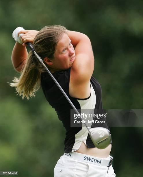 Karin Sjodin hits a shot during the first round of the John Q. Hammons Hotel Classic on September 8, 2006 at the Cedar Ridge Country Club in Broken...