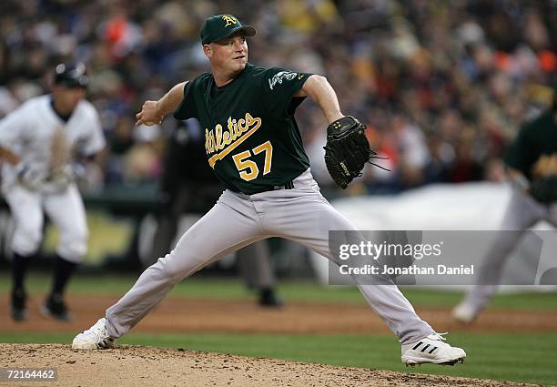 Chad Gaudin of the Oakland Athletics throws a pitch against the Detroit Tigers during Game Three of the American League Championship Series October...