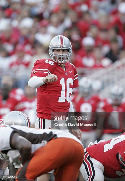 Quarterback Rob Schoenhoft of the Ohio State Buckeyes stands at the line of scrimmage during the game against the Bowling Green Falcons at Ohio...