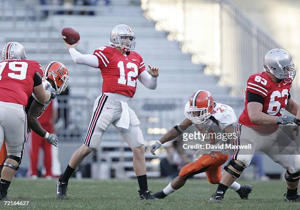 Quarterback Justin Zwick of the Ohio State Buckeyes throws a pass during the game against the Bowling Green Falcons at Ohio Stadium on October 7,...