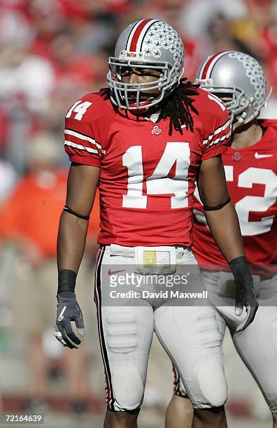 Cornerback Antonio Smith of the Ohio State Buckeyes looks on during the game against the Bowling Green Falcons at Ohio Stadium on October 7, 2006 in...
