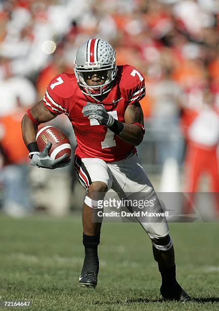 Wide receiver Ted Ginn Jr. #7 of the Ohio State Buckeyes runs with the ball during the game against the Bowling Green Falcons at Ohio Stadium on...