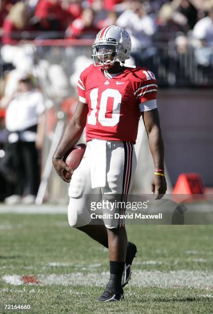 Quarterback Troy Smith of the Ohio State Buckeyes stands on the field during the game against the Bowling Green Falcons at Ohio Stadium on October 7,...