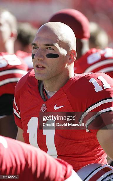 Wide receiver Anthony Gonzalez of the Ohio State Buckeyes looks on during the game against the Bowling Green Falcons at Ohio Stadium on October 7,...