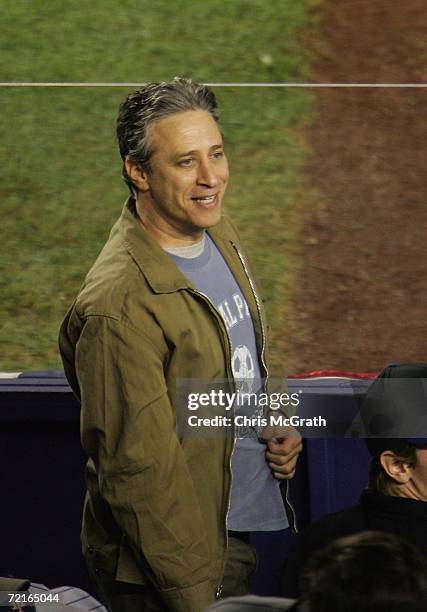The Daily Show host Jon Stewart attends game two of the NLCS between the New York Mets and the St. Louis Cardinals at Shea Stadium on October 13,...