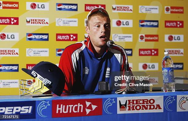 Andrew Flintoff of England talks to the media ahead of a practice session ahead of the match between India and England in the ICC Champions Trophy,...