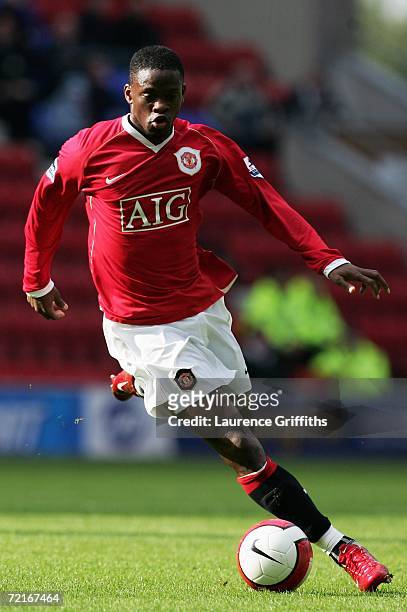 Louis Saha of Manchester United runs with the ball during the Barclays Premiership match between Wigan Athletic and Manchester United at The JJB...