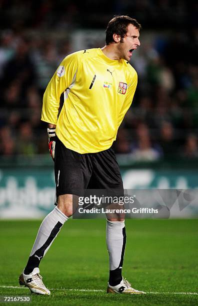 Goalkeeper Petr Cech of the Czech Republic shouts at his defence during the Euro2008 Qualifier between Republic of Ireland and Czech Republic at...